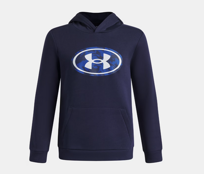 Hoodie UA Rival Fleece Key Print Fill - Under Armour bleu marine à capuche avec logo ovale bleu camouflage, en textile polaire, vue de face.
