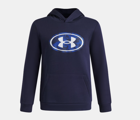 Hoodie UA Rival Fleece Key Print Fill - Under Armour bleu marine à capuche avec logo ovale bleu camouflage, en textile polaire, vue de face.