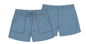 Short - Mandarine & Co short en tissu bleu chambray avec poches, ceinture élastique et cordon, pour enfant, vue de face et dos.