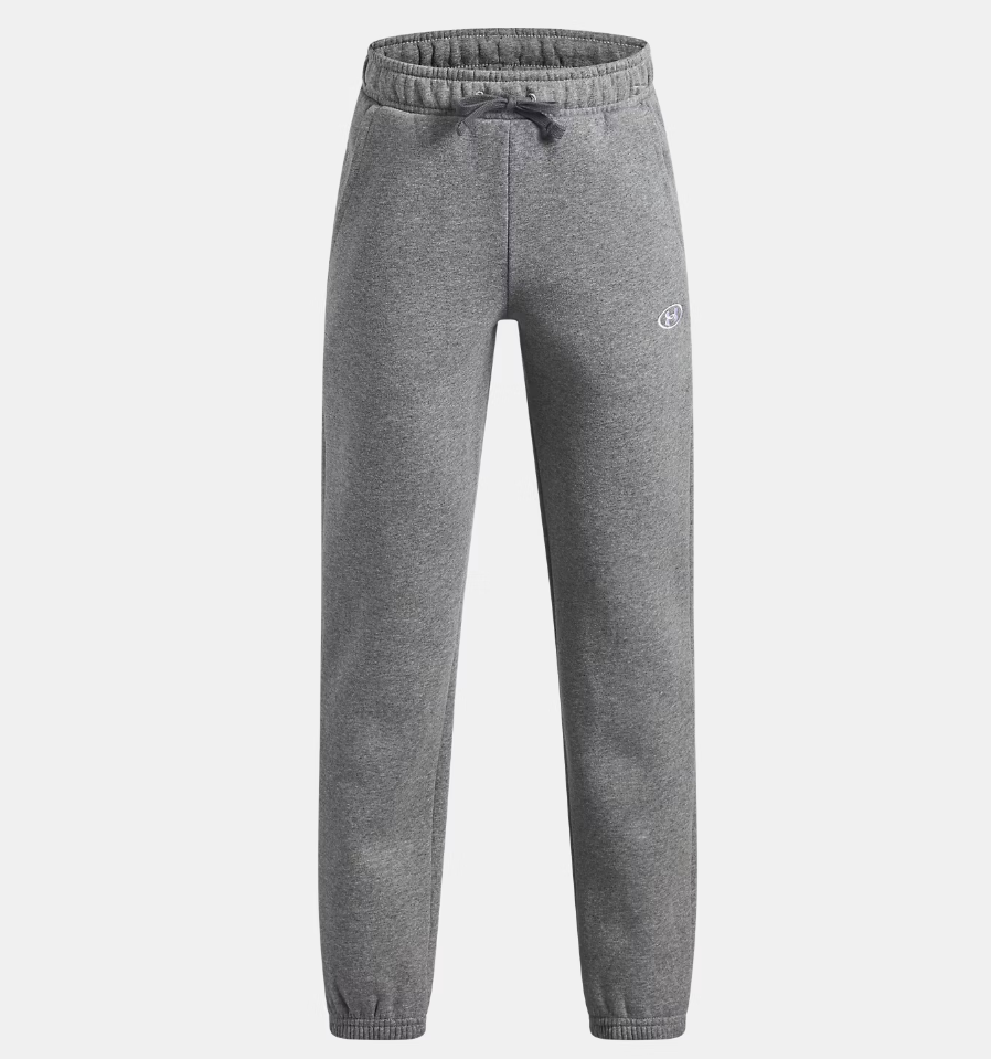 Pantalon UA Rival Fleece - Under Armour gris en molleton avec taille élastique et cordon, style jogging, vue de face.