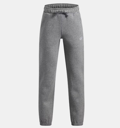 Pantalon UA Rival Fleece - Under Armour gris en molleton avec taille élastique et cordon, style jogging, vue de face.