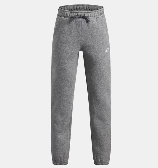 Pantalon UA Rival Fleece - Under Armour gris en molleton avec taille élastique et cordon, style jogging, vue de face.