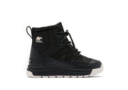 Bottes d'hiver Whitney - Sorel noires et blanches, style bottine isolante en matériaux synthétiques, vue de profil droit.