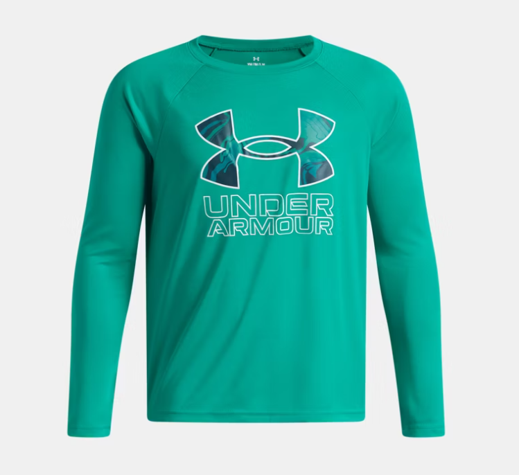 Chandail UA Tech™ Hybrid Print - Under Armour vert turquoise à manches longues avec logo imprimé contrasté vue de face