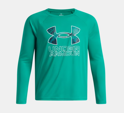 Chandail UA Tech™ Hybrid Print - Under Armour vert turquoise à manches longues avec logo imprimé contrasté vue de face