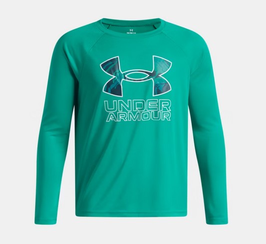 Chandail UA Tech™ Hybrid Print - Under Armour vert turquoise à manches longues avec logo imprimé contrasté vue de face