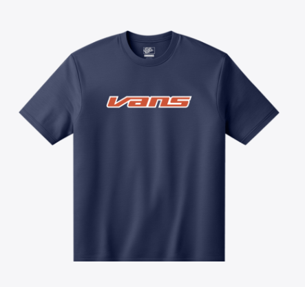 T-Shirt Retro Speed - Vans bleu marine avec logo orange et blanc, style rétro, en coton, vue de face.