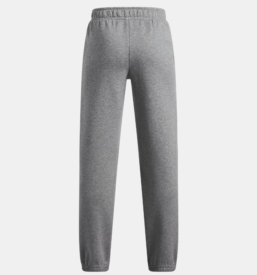 Pantalon UA Rival Fleece - Under Armour gris en tissu molletonné, vue de dos, coupe décontractée avec ceinture élastique, pour enfant.