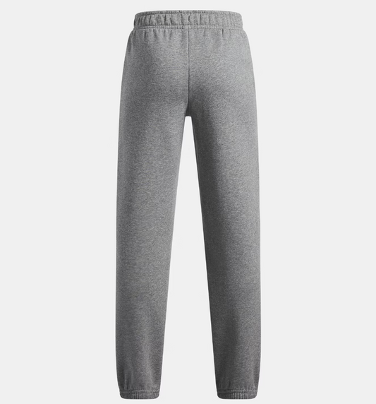 Pantalon UA Rival Fleece - Under Armour gris en tissu molletonné, vue de dos, coupe décontractée avec ceinture élastique, pour enfant.