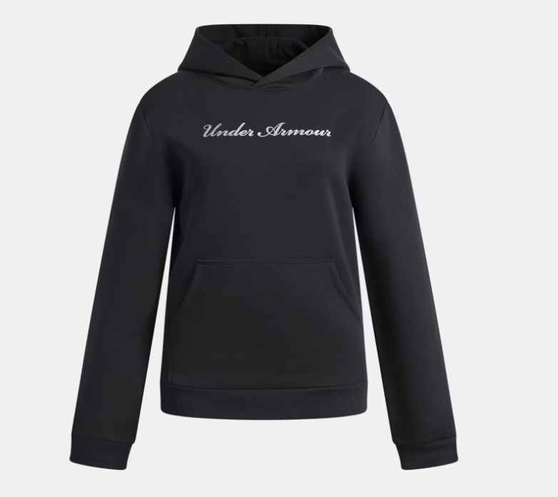 Hoodie UA Rival Fleece Shimmer - Under Armour, sweat à capuche noir avec logo argenté sur poitrine, en molleton, vue de face, pour enfant.