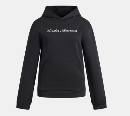 Hoodie UA Rival Fleece Shimmer - Under Armour, sweat à capuche noir avec logo argenté sur poitrine, en molleton, vue de face, pour enfant.