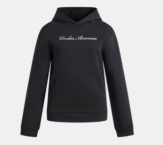 Hoodie UA Rival Fleece Shimmer - Under Armour, sweat à capuche noir avec logo argenté sur poitrine, en molleton, vue de face, pour enfant.