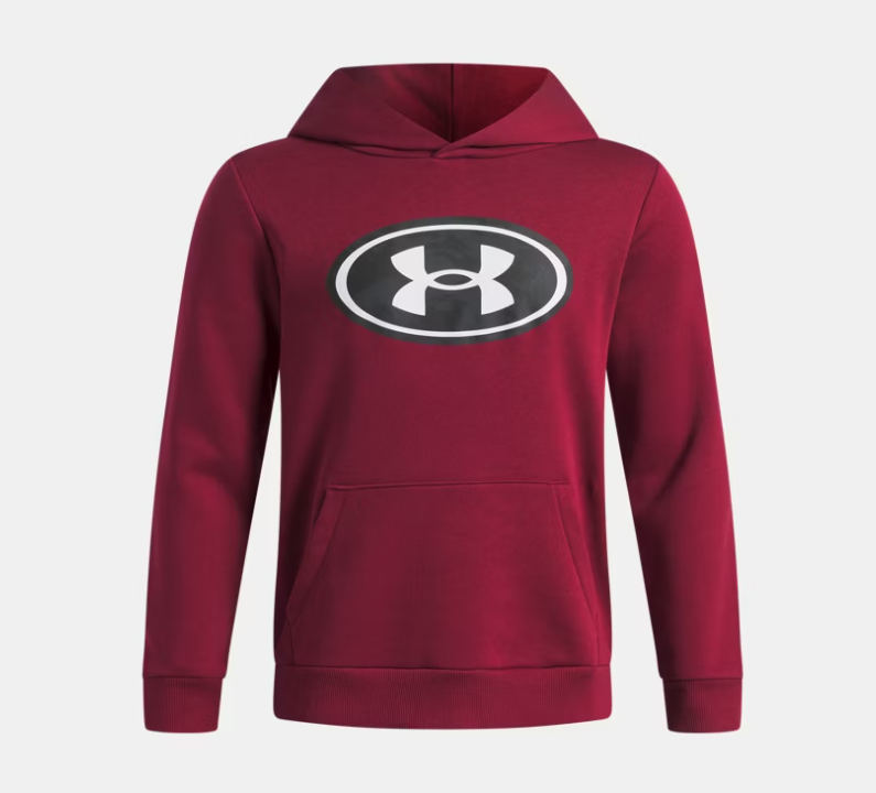 Hoodie UA Rival Fleece Key Print Fill - Under Armour, sweat à capuche en molleton rouge bordeaux avec logo blanc et noir sur le devant, vue de face.