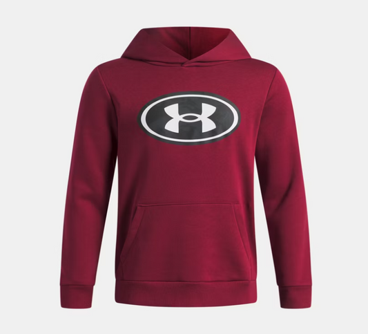 Hoodie UA Rival Fleece Key Print Fill - Under Armour, sweat à capuche en molleton rouge bordeaux avec logo blanc et noir sur le devant, vue de face.