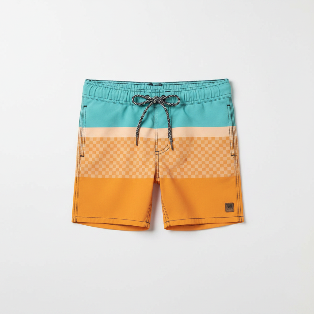 Maillot de bain - Northcoast short de bain orange et bleu clair avec cordon, style décontracté, vue de face et dos.