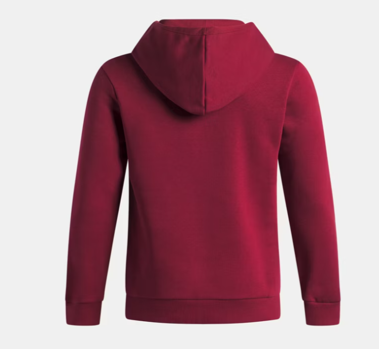 Hoodie UA Rival Fleece Key Print Fill - Under Armour, sweat à capuche rouge bordeaux en molleton, vue de dos sur mannequin enfant.