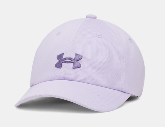 Casquette UA Blitzing - Under Armour lilas claire avec logo violet brodé, style ajustable, vue de trois quarts face