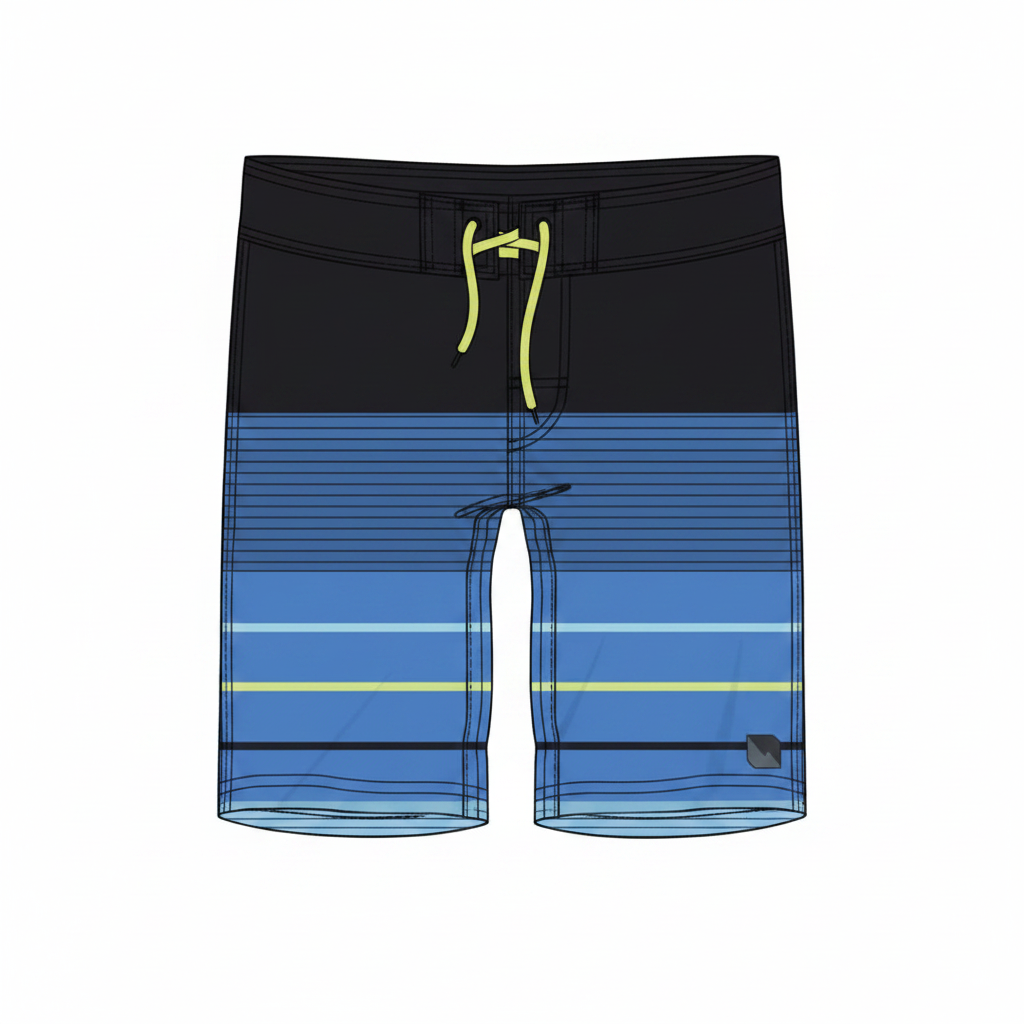 Maillot de bain - Northcoast short de bain bleu à rayures noires et vertes, cordon jaune, vue de face et dos.