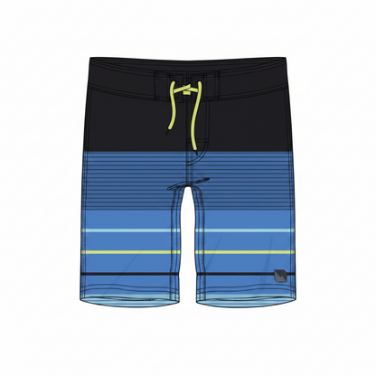 Maillot de bain - Northcoast short de bain bleu à rayures noires et vertes, cordon jaune, vue de face et dos.