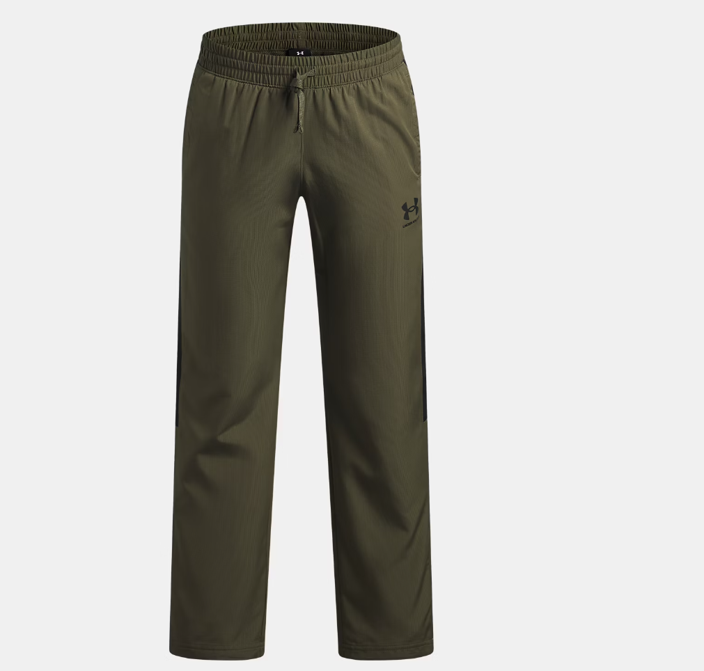 Pantalon UA Rival Woven - Under Armour vert olive avec insertions noires, style décontracté en tissu tissé, vue de face.