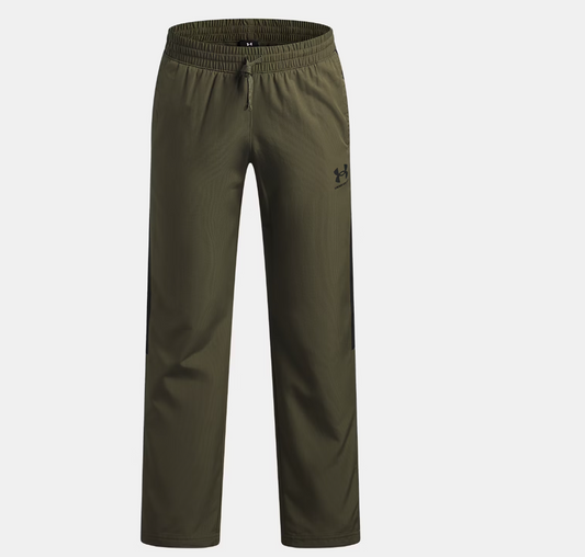 Pantalon UA Rival Woven - Under Armour vert olive avec insertions noires, style décontracté en tissu tissé, vue de face.