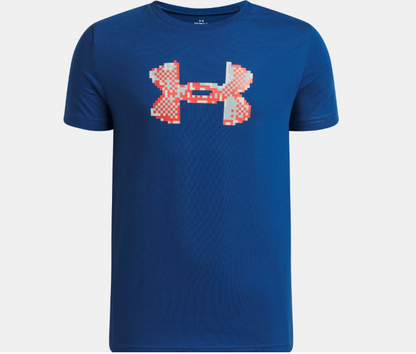 T-Shirt UA Pixel Logo - Under Armour bleu avec logo pixelisé orange et blanc, coton polyester, vue de face homme adulte