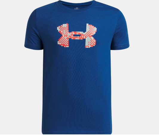 T-Shirt UA Pixel Logo - Under Armour bleu avec logo pixelisé orange et blanc, coton polyester, vue de face homme adulte