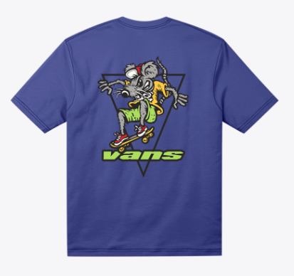T-Shirt B RAD RAT- Vans bleu avec illustration rat skateboardeur coloré, style graphique, vue de dos.