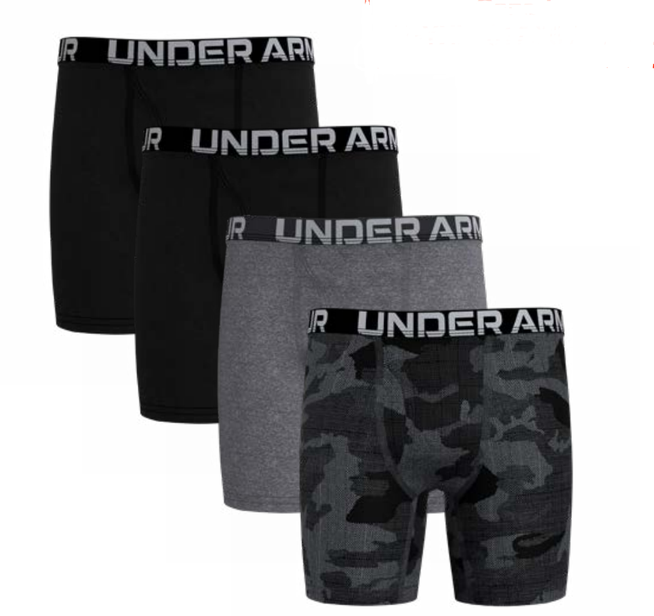 4 Paires de boxers - Under Armour comprenant deux boxers noirs, un gris uni et un camouflage gris foncé, vue de face.