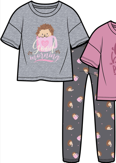 Pyjama - M.I.D, ensemble pour enfant avec haut gris ou rose et pantalon gris foncé à motifs de hérissons, vue de face