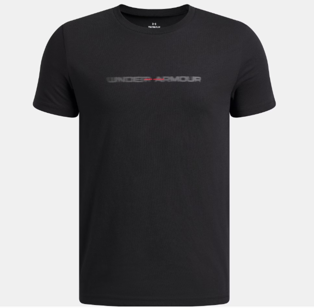 T-Shirt UA Wordmark Blur - Under Armour noir avec logo flou gris et rouge, en coton-polyester, vue de face sur fond clair.