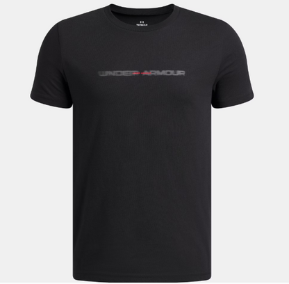 T-Shirt UA Wordmark Blur - Under Armour noir avec logo flou gris et rouge, en coton-polyester, vue de face sur fond clair.