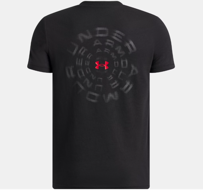 T-Shirt UA Wordmark Blur - Under Armour noir avec logo rouge au centre du dos, en coton et polyester, vue de dos.