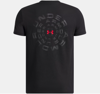 T-Shirt UA Wordmark Blur - Under Armour noir avec logo rouge au centre du dos, en coton et polyester, vue de dos.