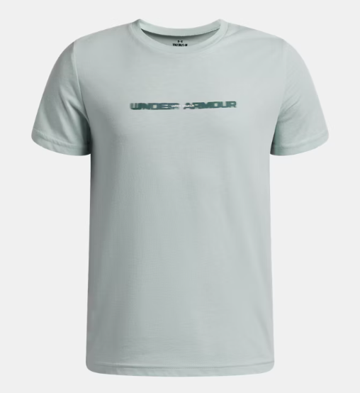 T-Shirt UA Wordmark Blur - Under Armour bleu clair avec logo flou vert, 60% coton 40% polyester, vue de face sur fond blanc.