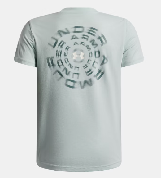 T-Shirt UA Wordmark Blur - Under Armour bleu clair en coton polyester, motif circulaire flou au dos, vue de dos.
