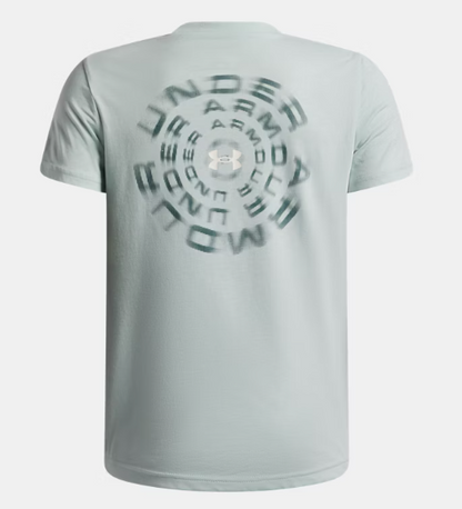 T-Shirt UA Wordmark Blur - Under Armour bleu clair en coton polyester, motif circulaire flou au dos, vue de dos.