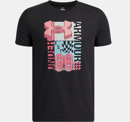T-Shirt UA Wordmark - Under Armour noir avec logo rose et bleu pastel, motif graphique, vue de face, mix coton polyester.