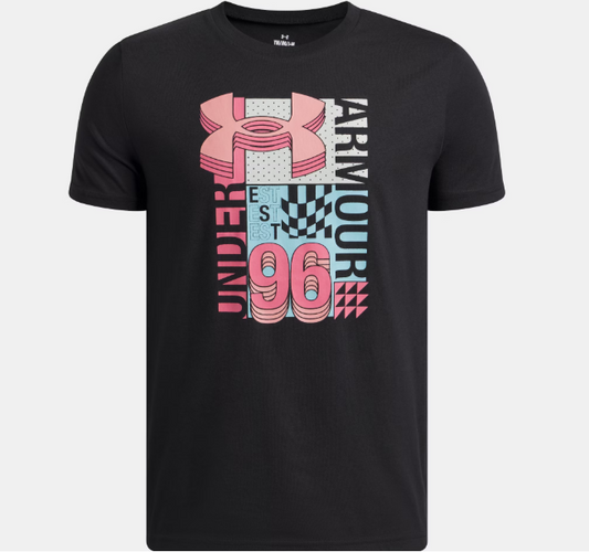T-Shirt UA Wordmark - Under Armour noir avec logo rose et bleu pastel, motif graphique, vue de face, mix coton polyester.