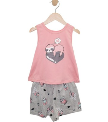 Pyjama - M.I.D ensemble enfant composé d'un débardeur rose avec paresseux et short gris à motifs animaux, vue de face sur cintre.