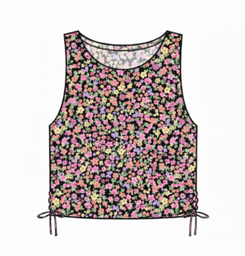 Camisole - Mandarine & Co fleurie noire, rose et beige en polyester et spandex, vue avant et arrière avec cordon de serrage.