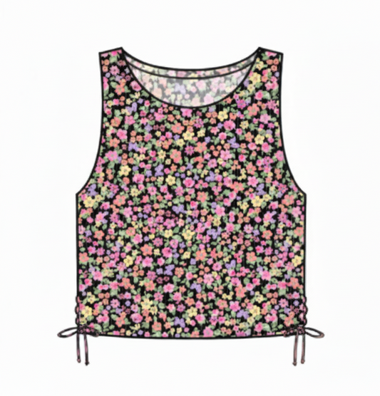 Camisole - Mandarine & Co fleurie noire, rose et beige en polyester et spandex, vue avant et arrière avec cordon de serrage.