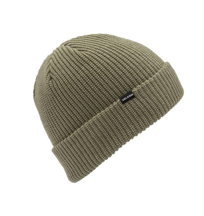 Tuque d'hiver - Volcom en maille côtelée vert olive avec revers large et étiquette visible vue de face