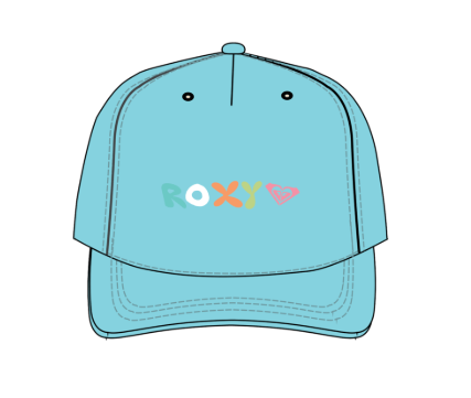 Casquette - Roxy bleue claire en coton avec logo coloré multicolore, style décontracté, vue de face.