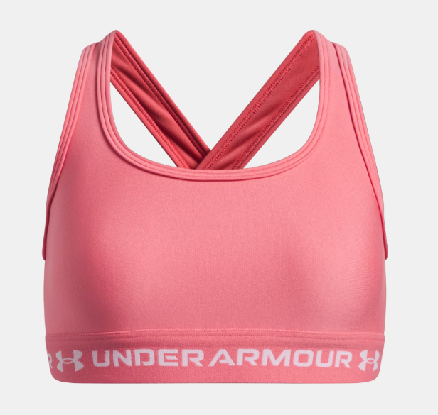 Camisole sport UA Crossback - Under Armour rose corail en polyester élasthanne, bretelles croisées, vue de face.