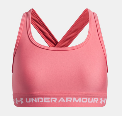Camisole sport UA Crossback - Under Armour rose corail en polyester élasthanne, bretelles croisées, vue de face.