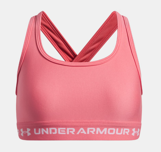 Camisole sport UA Crossback - Under Armour rose corail en polyester élasthanne, bretelles croisées, vue de face.