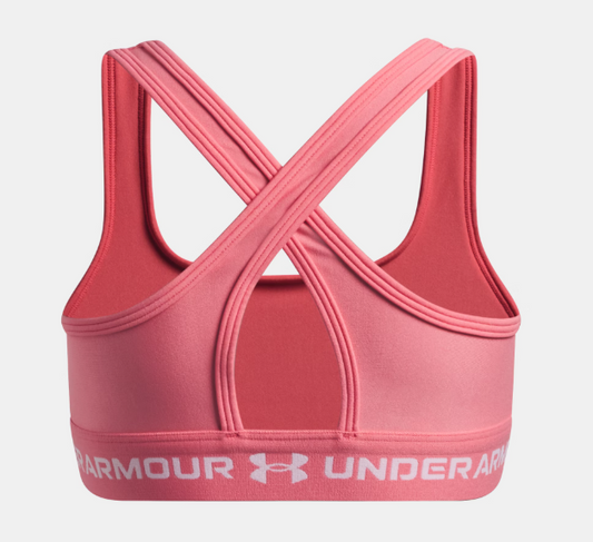 Camisole sport UA Crossback - Under Armour rose avec bretelles croisées, tissu polyester et élasthanne, vue de dos.