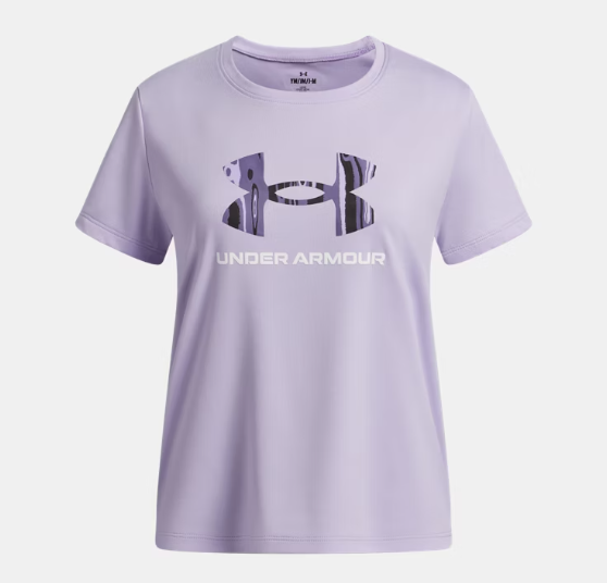 T-Shirt UA Tech™ - Under Armour lilas en polyester, col rond, logo imprimé sur le devant, vue de face, taille enfant.
