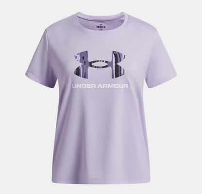 T-Shirt UA Tech™ - Under Armour lilas en polyester, col rond, logo imprimé sur le devant, vue de face, taille enfant.